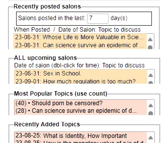 The Upcoming Salons page shows recently posted salons